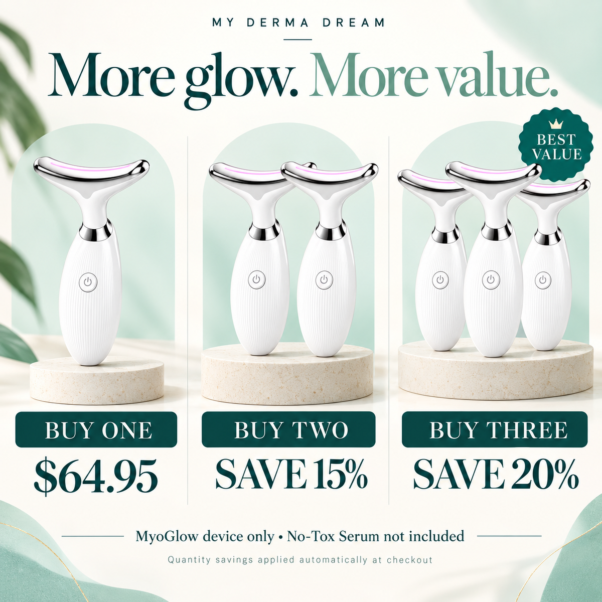 MyoGlow promotion: Buy One $64.95, Buy Two save 15%, Buy Three save 20%; device only